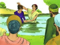 Paul baptises a lady after preaching in Philippi